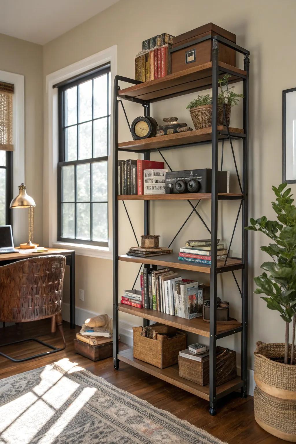 Mixed materials create a dynamic and stylish bookshelf.