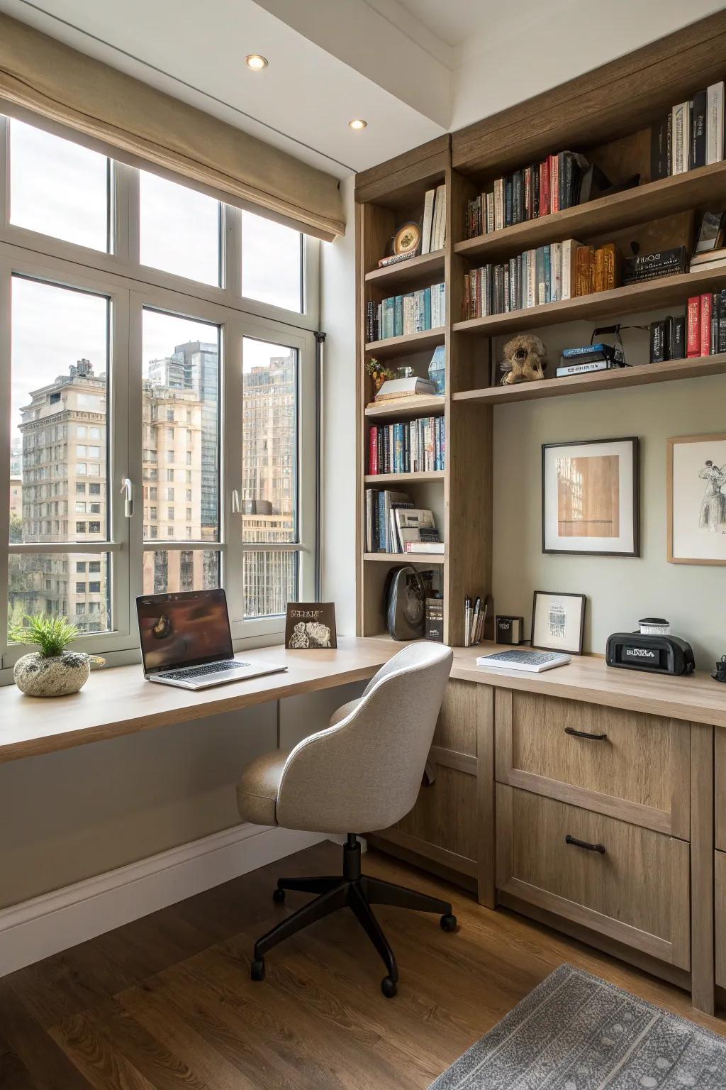 Optimize your workspace with a corner desk featuring built-in shelves.