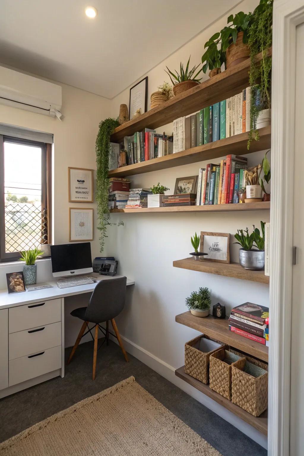 Incorporate floating shelves for practical storage without crowding the floor.