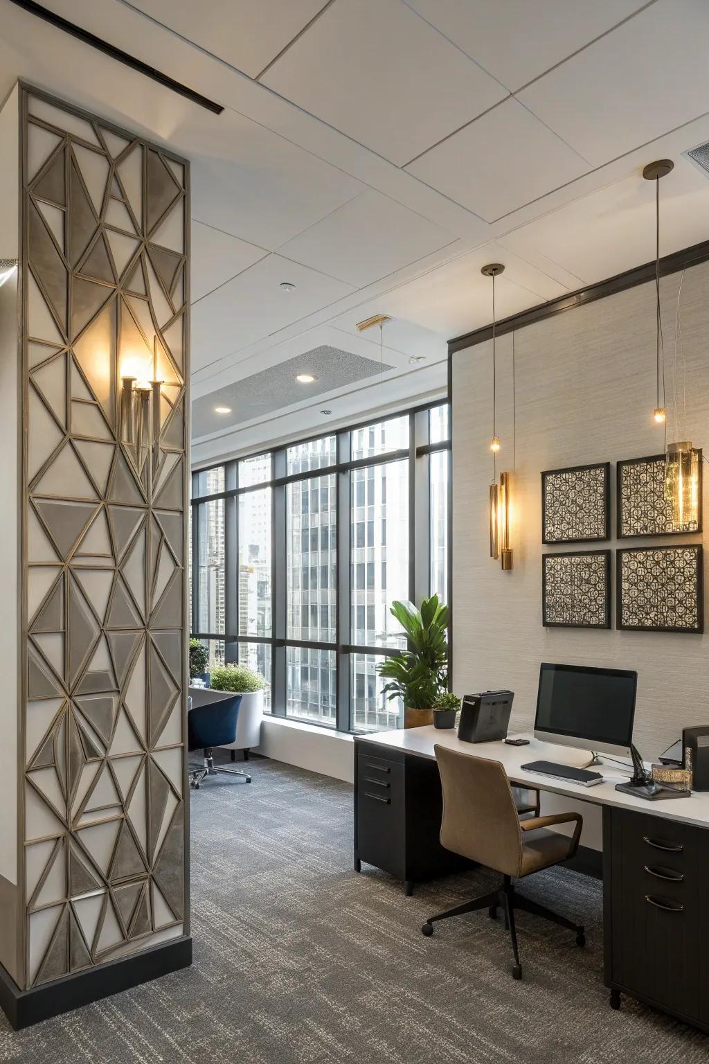 Geometric wall lights offering a contemporary touch to the office.