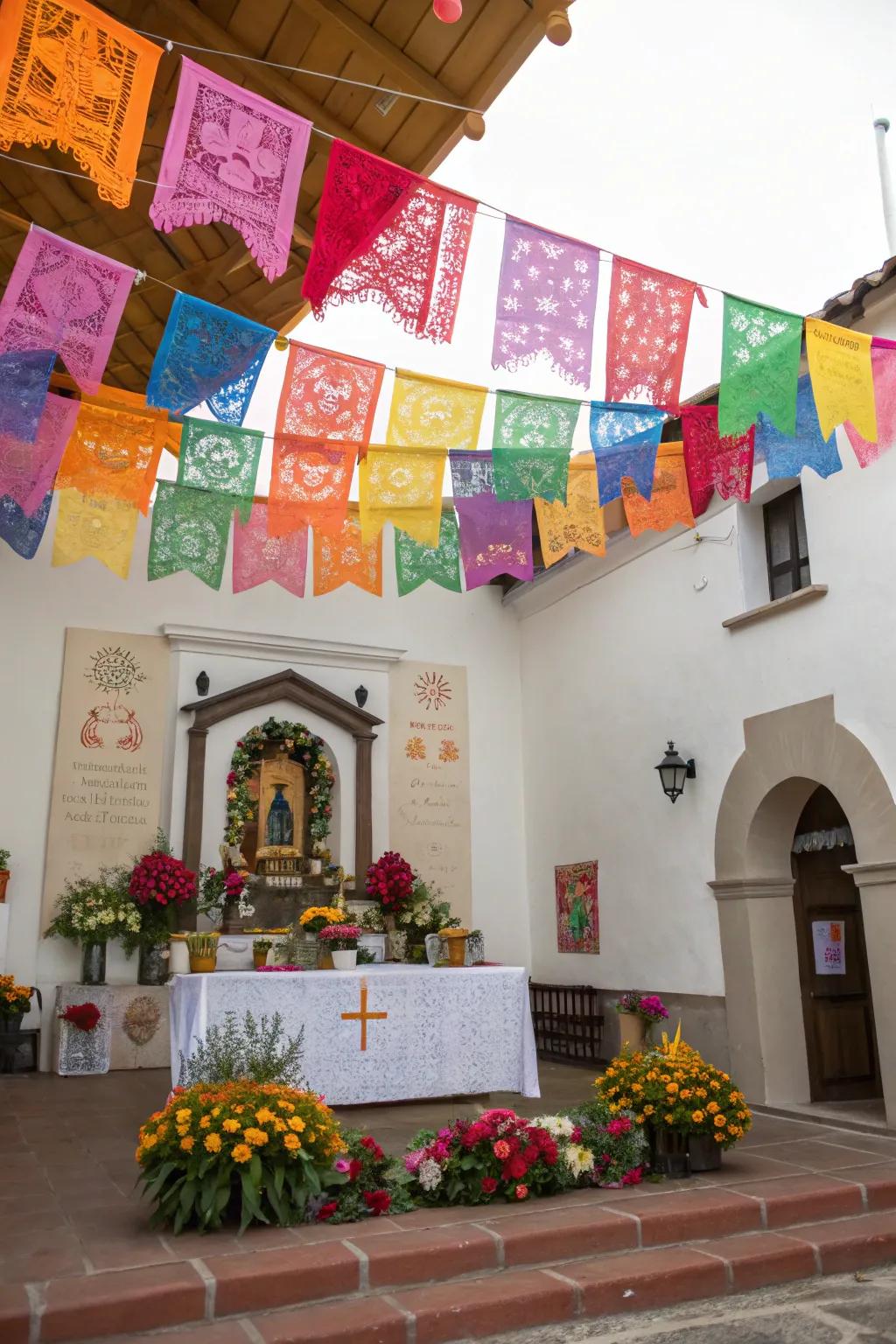 Papel picado adds a festive touch to your ofrenda with its vibrant colors.