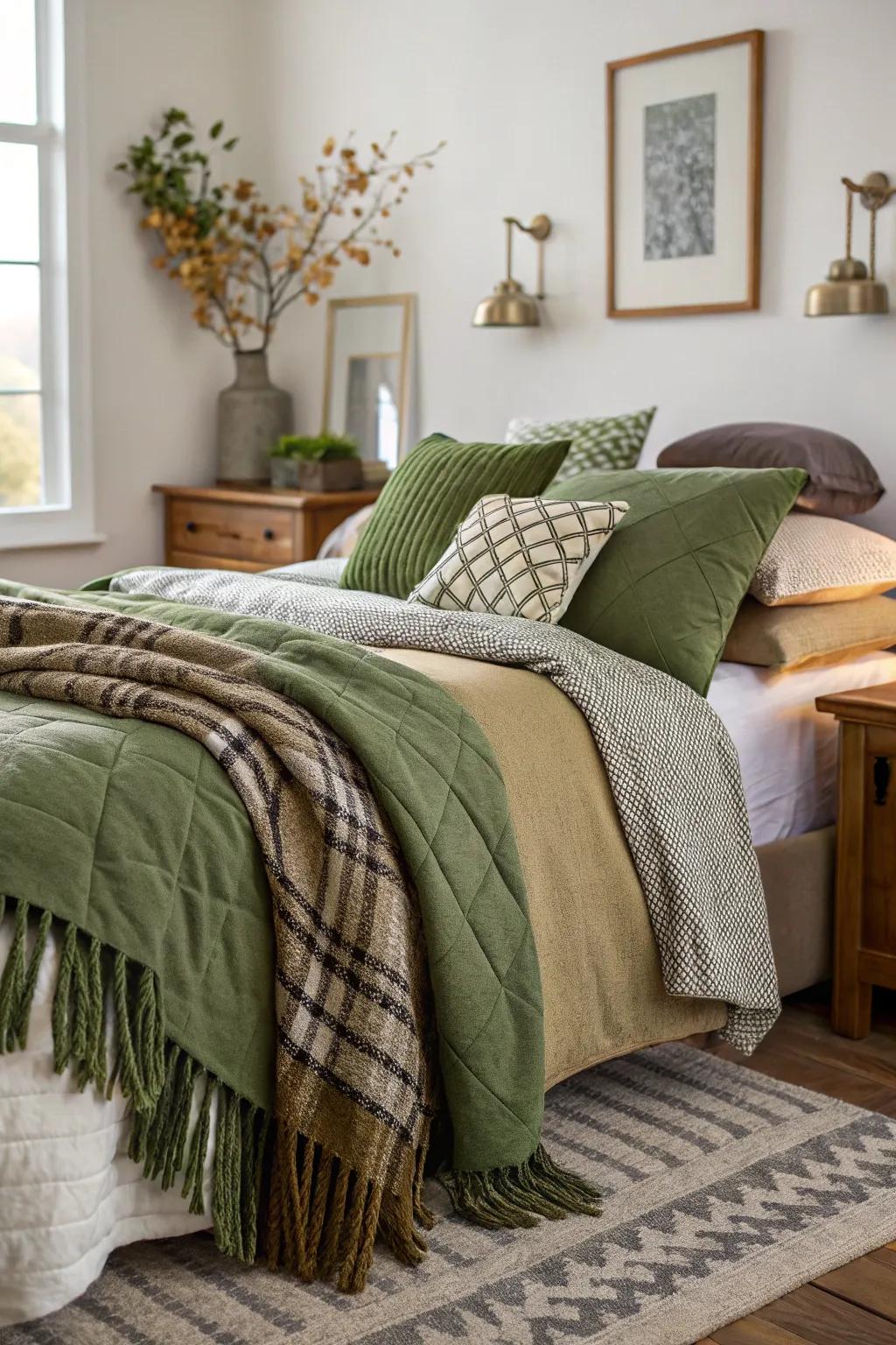 Layers of throws add coziness to olive green bedding.