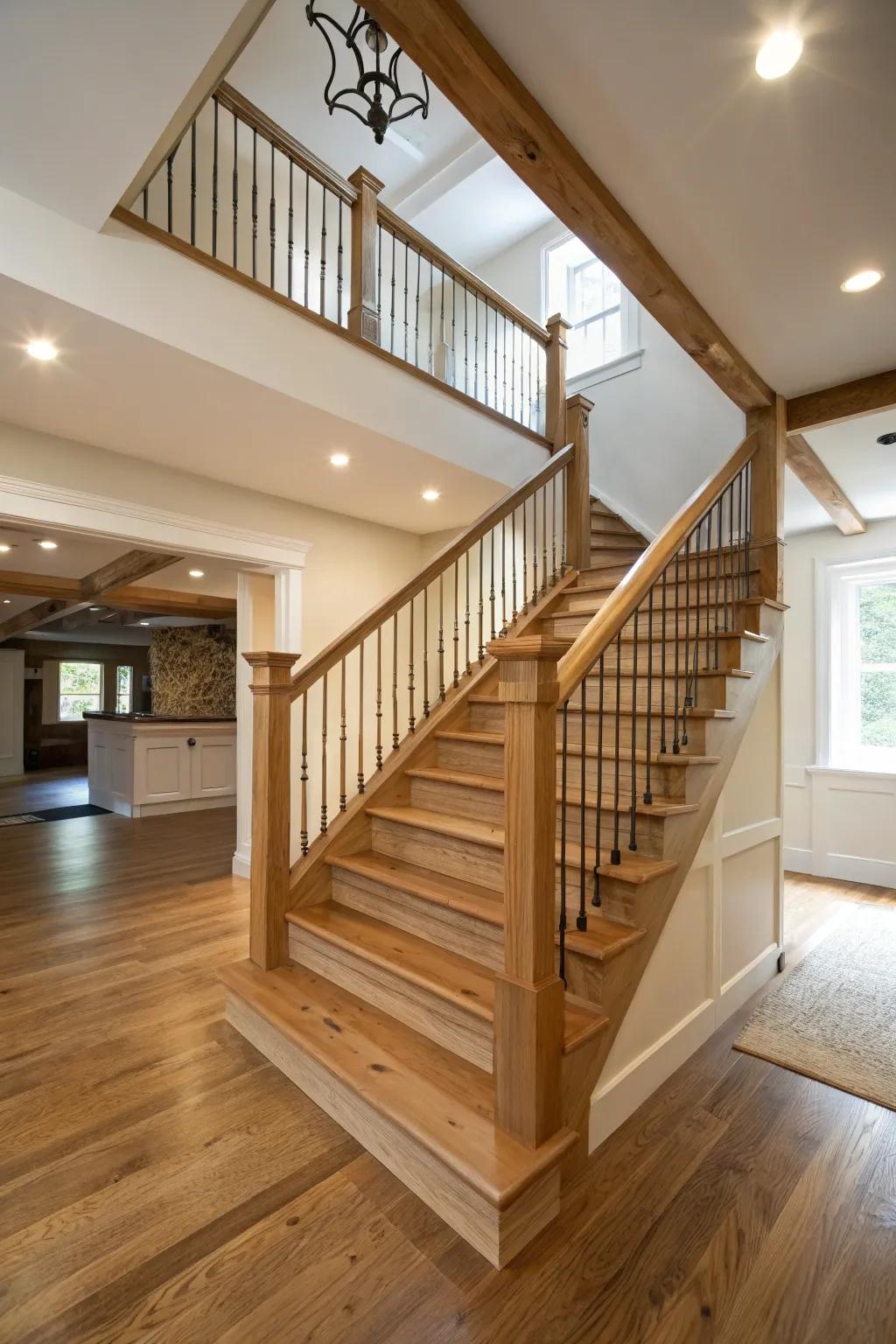 Open risers contribute to a bright and airy staircase design.
