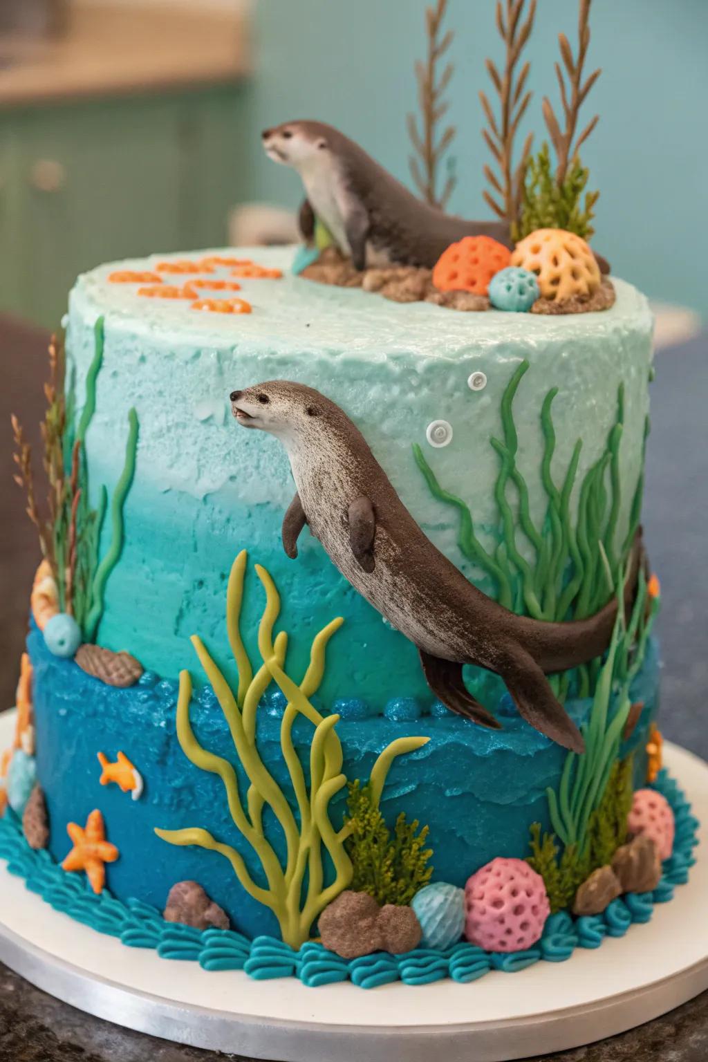 Dive deep with an underwater-themed otter cake.