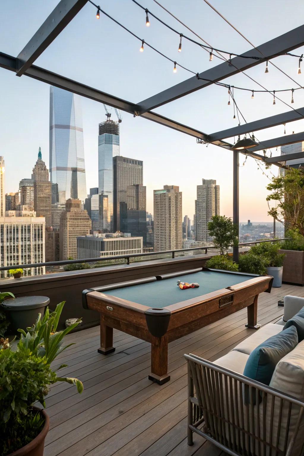 A rooftop veranda showcasing a billiards table with breathtaking urban panoramas.