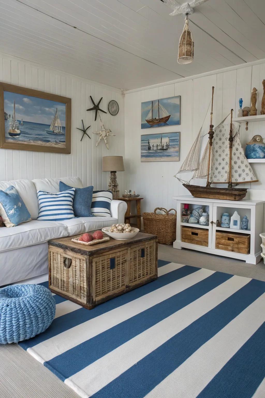 A living room transformed with coastal stripe painted floors, capturing the essence of a beach house.