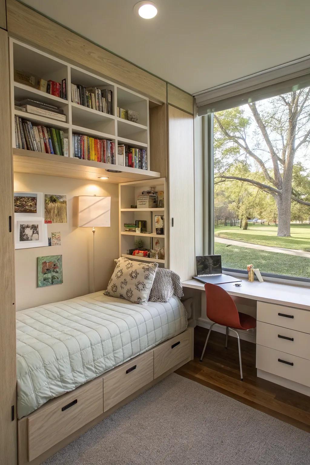Smart storage solutions help maintain a tidy and organized environment.