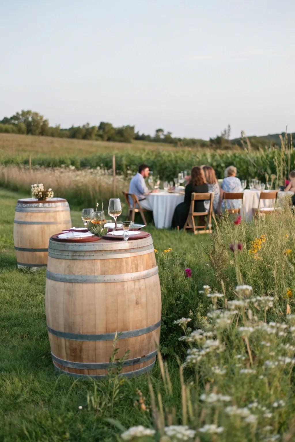 Wine barrels serving as tables in the pasture.