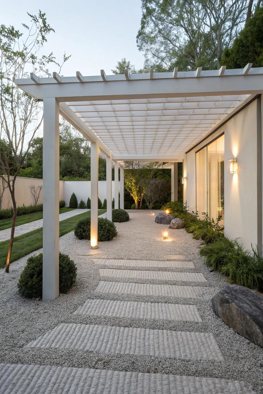 A Zen garden pergola creates a peaceful ambiance on your patio.