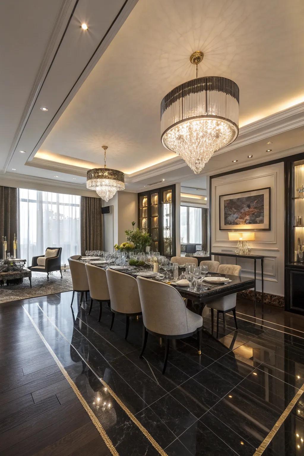 High-gloss floors add a touch of glamour to this dining space.