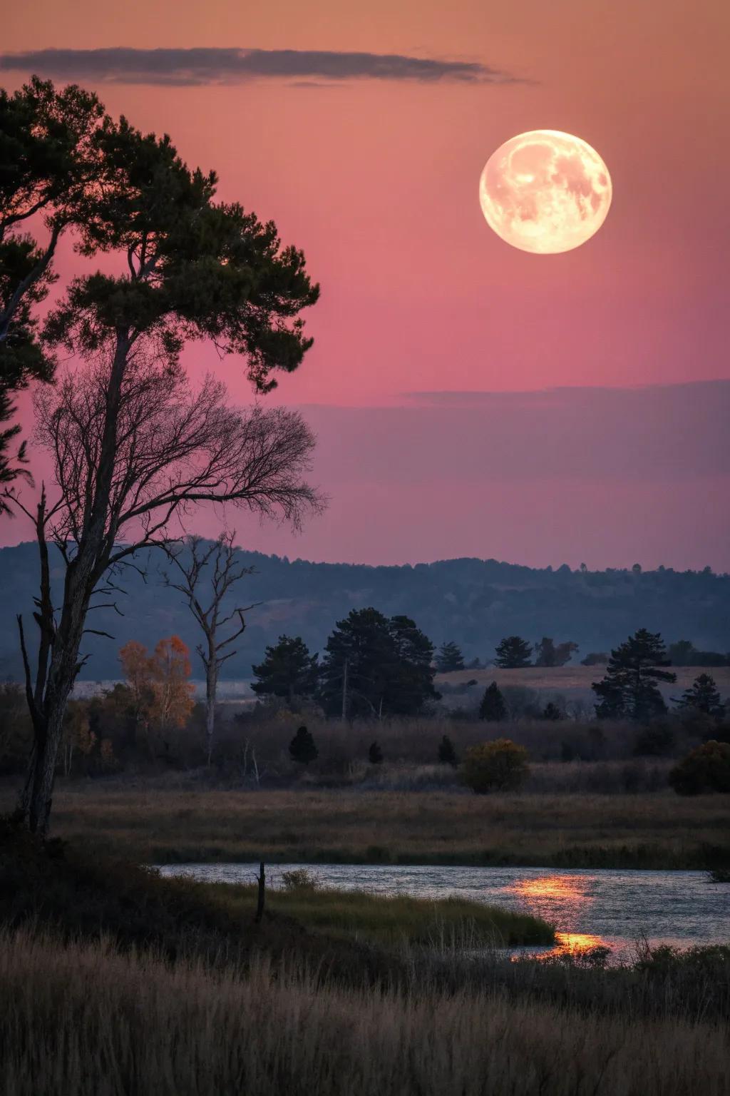 Mystical pink-themed nightscape with stars.