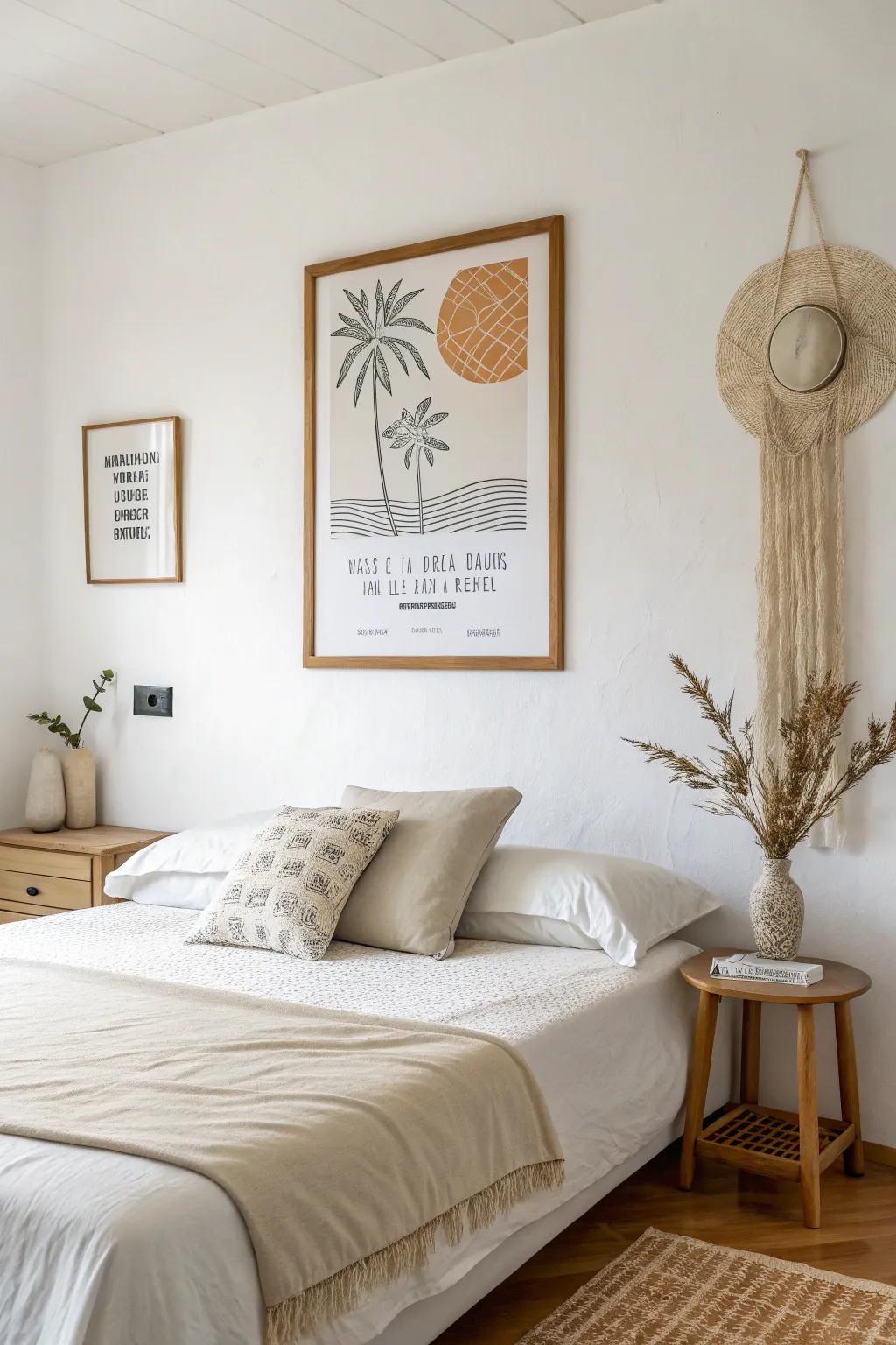 A minimalist design poster creating a calming effect in a serene bedroom.