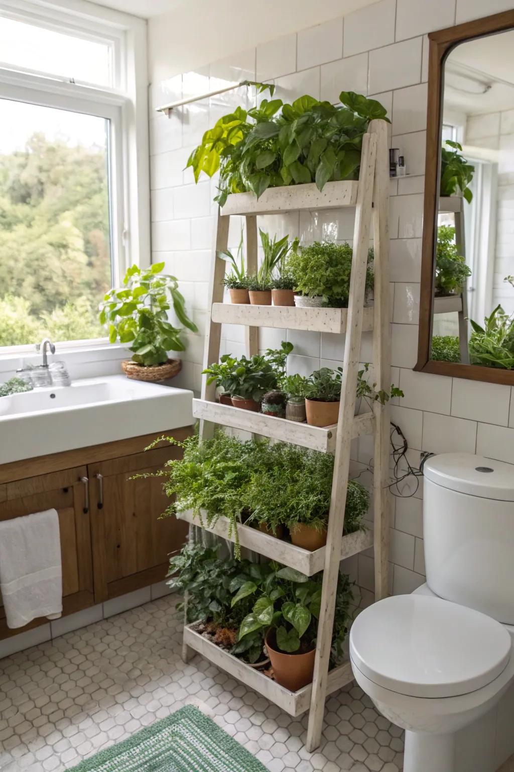 Spa-like serenity with bathroom plant shelves.