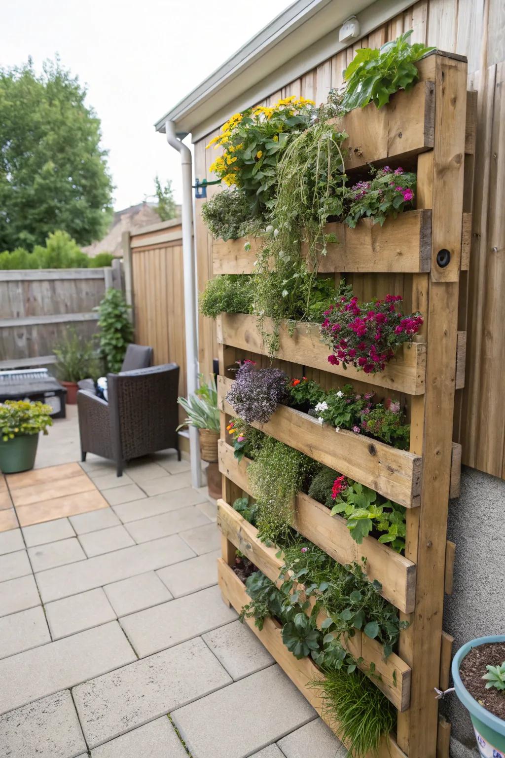 Create a living wall with vertical wooden pallets.