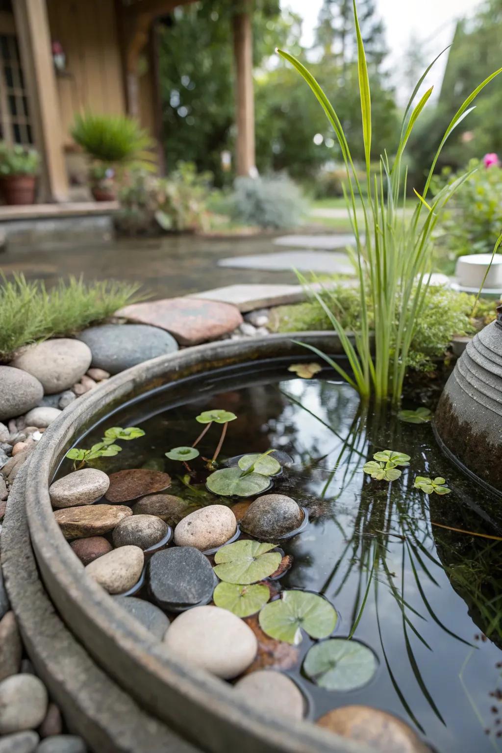 A serene zen container pond perfect for compact spaces.