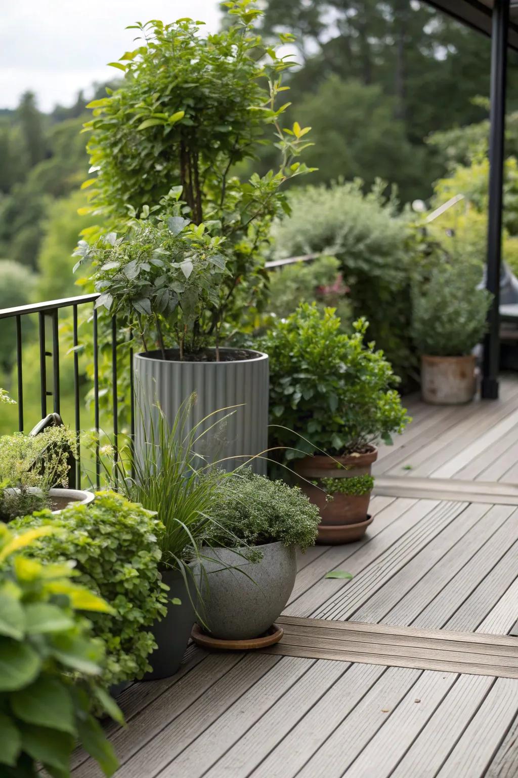 Strategically placed potted plants create a private deck nook.