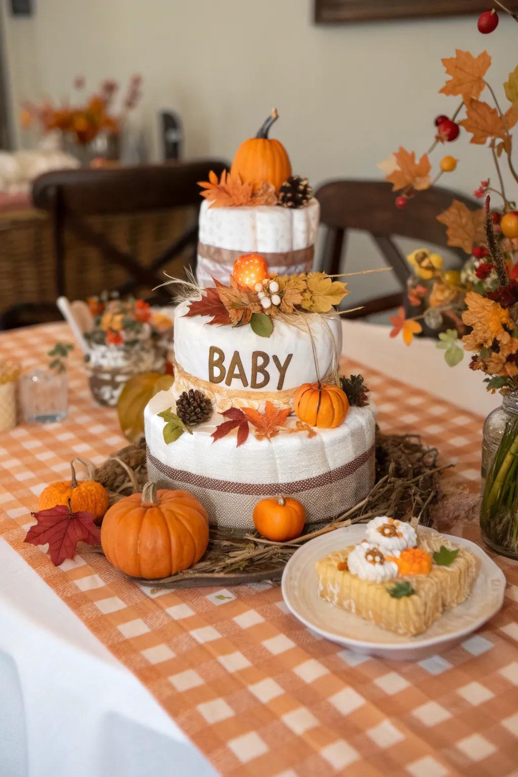 Personalized pumpkin diaper cakes are a heartfelt addition to any shower.