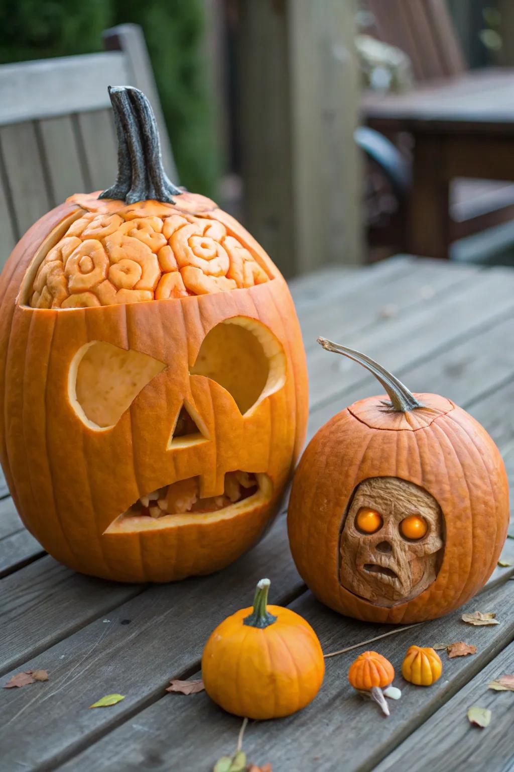 An amusing 'pumpkin with a brain' for a playful Halloween decoration.