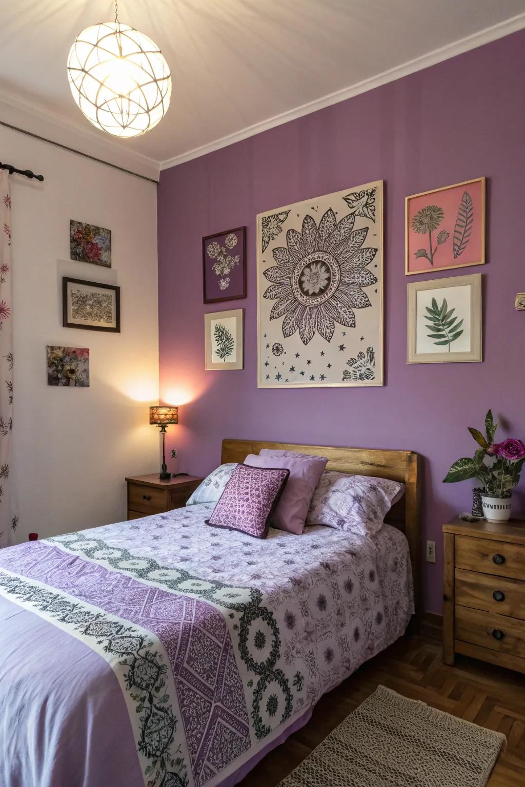 Decorative art pieces adding character to purple walls.