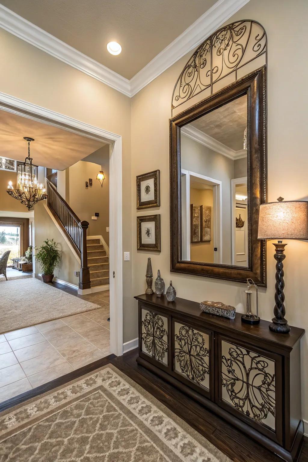 Wall art or mirrors add personality and visual interest to the entryway.