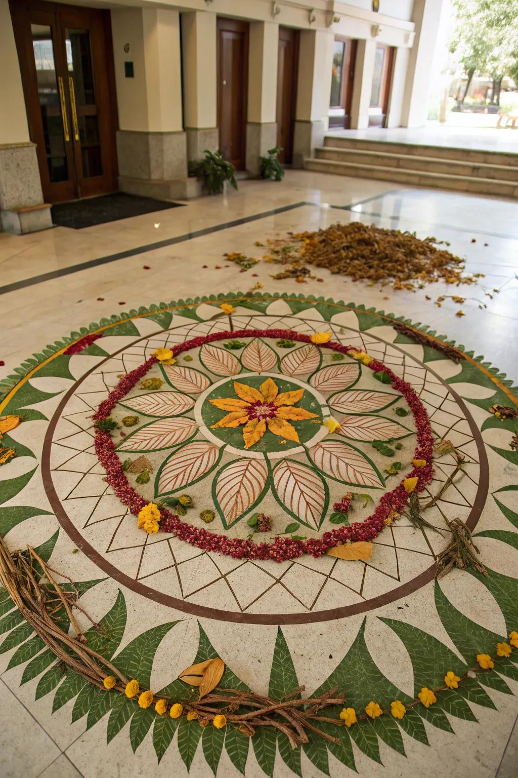 Natural elements like leaves add a unique and eco-friendly dimension to this rangoli.