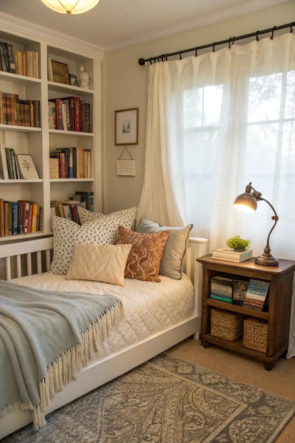 A multi-functional space that serves as both a nook and a guest bed.