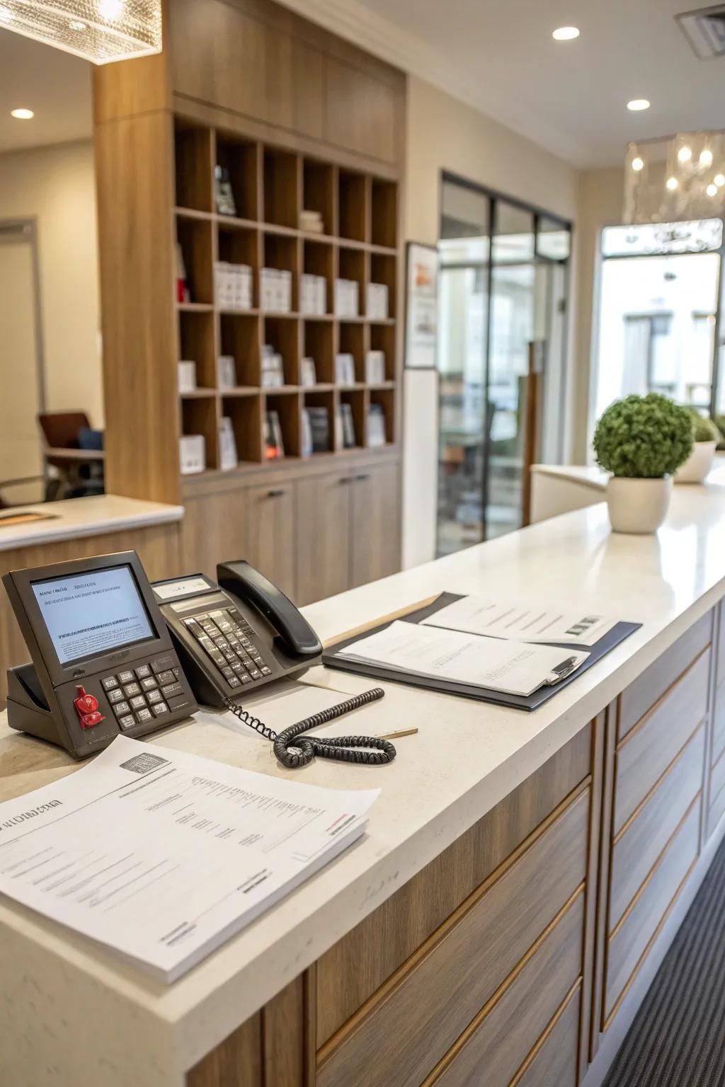 A functional reception desk prioritizing organization.
