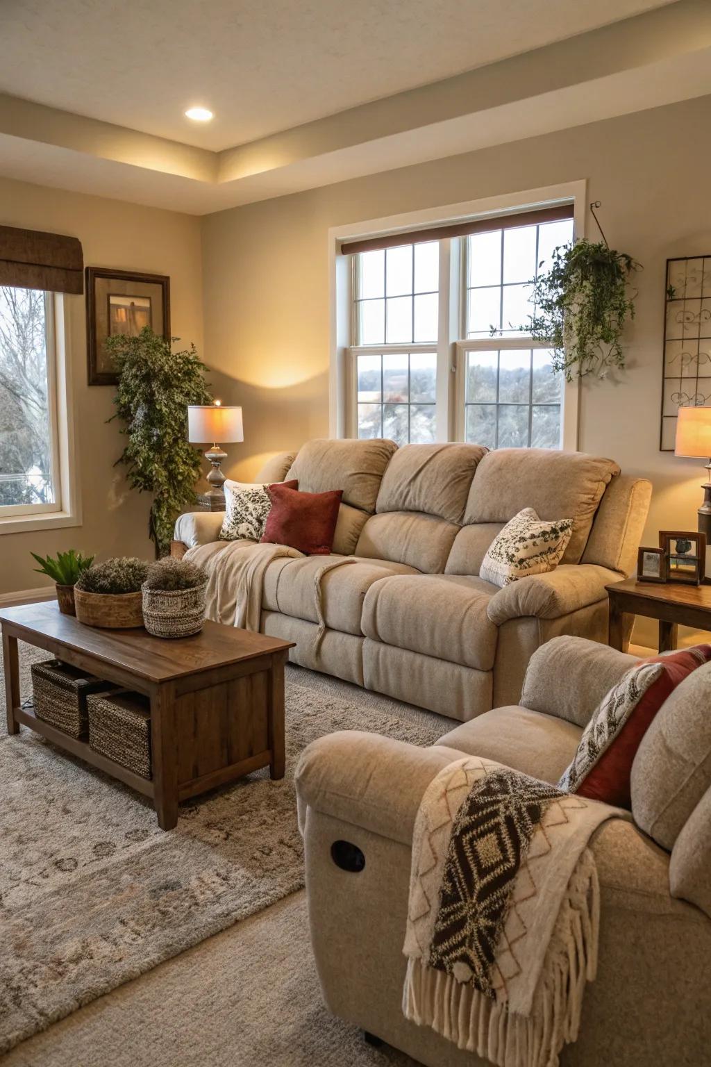 A functional and comfortable living room featuring a spacious recliner sofa.