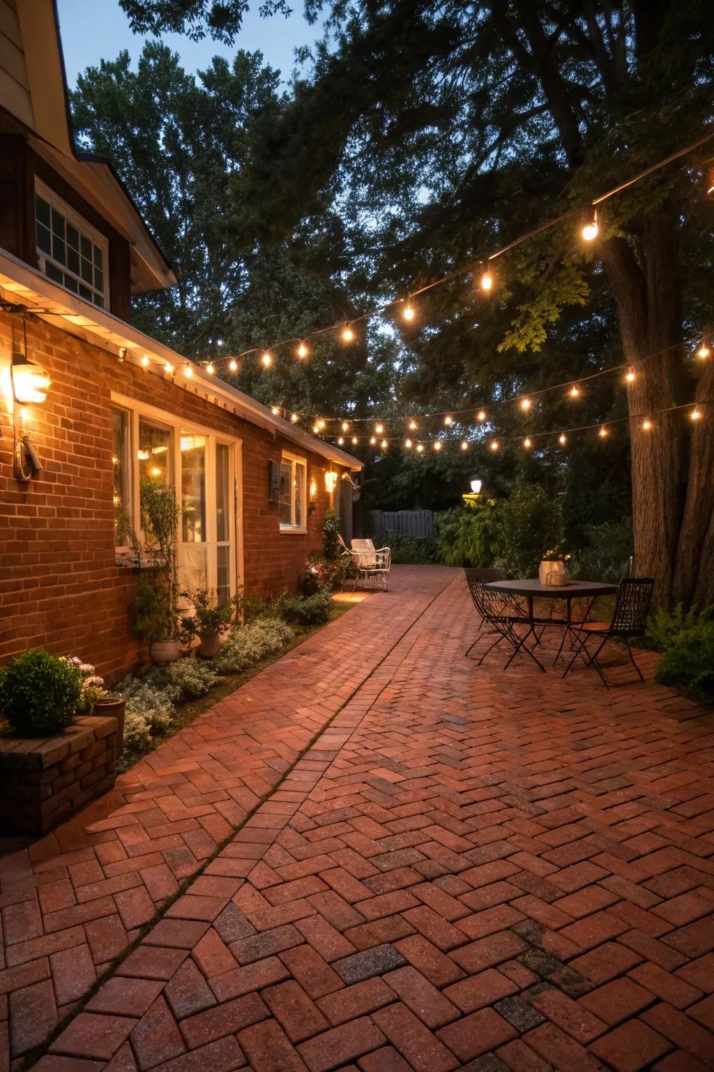 A red brick patio beautifully lit with string lights