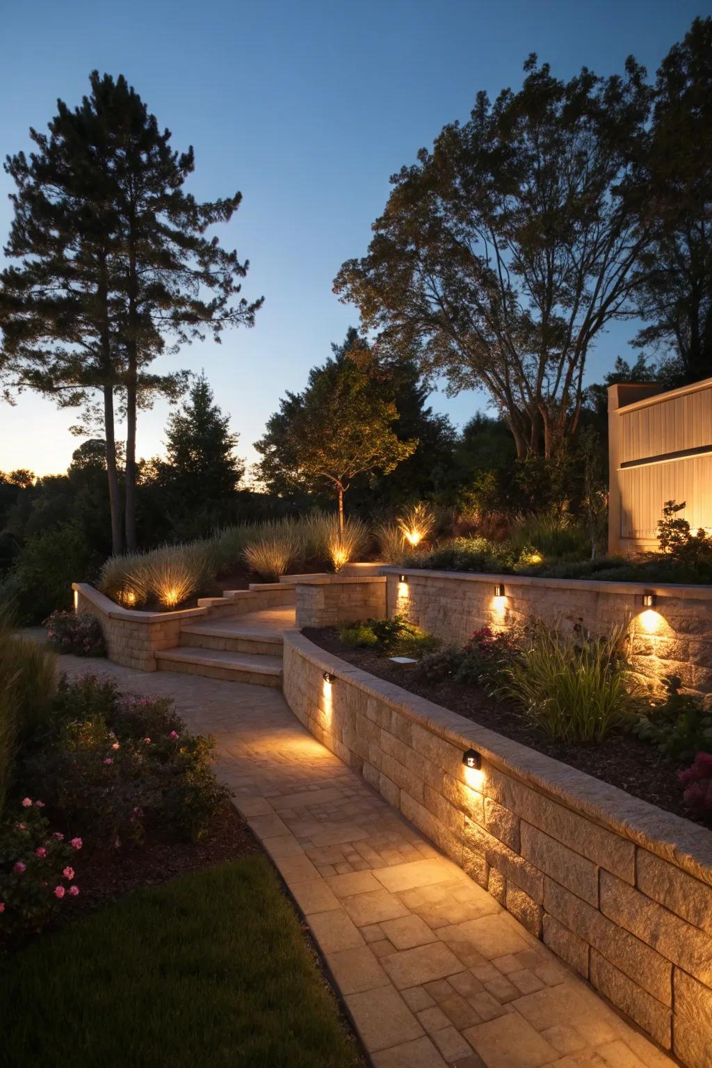 Retaining walls beautifully lit up with decorative lighting.