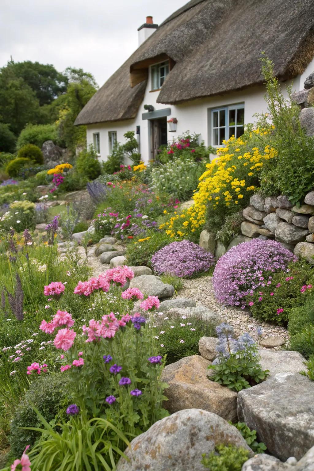 A blend of rocks and flowers creates a picturesque cottage garden.