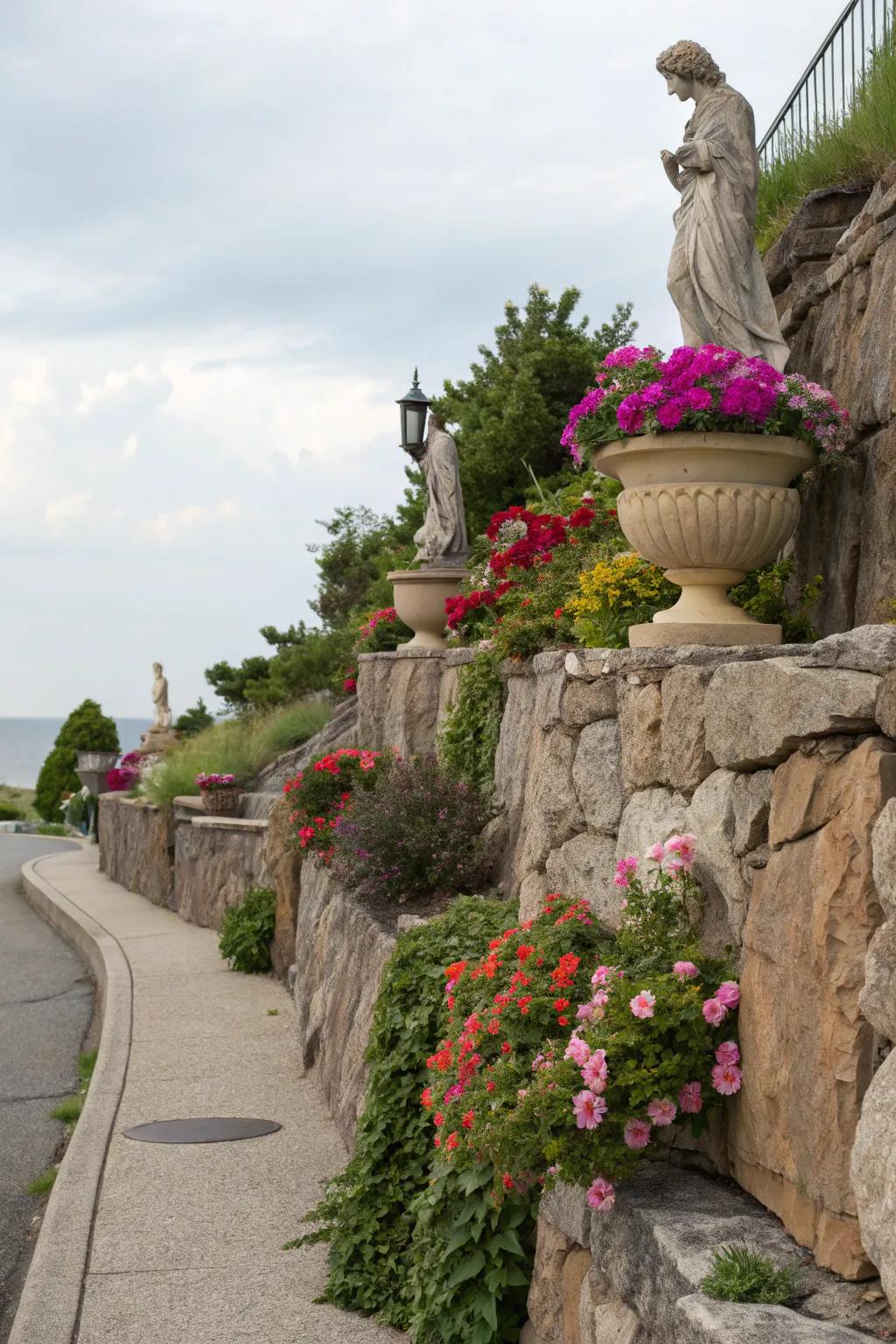 Decorative elements like statues and planters add charm to rock walls.