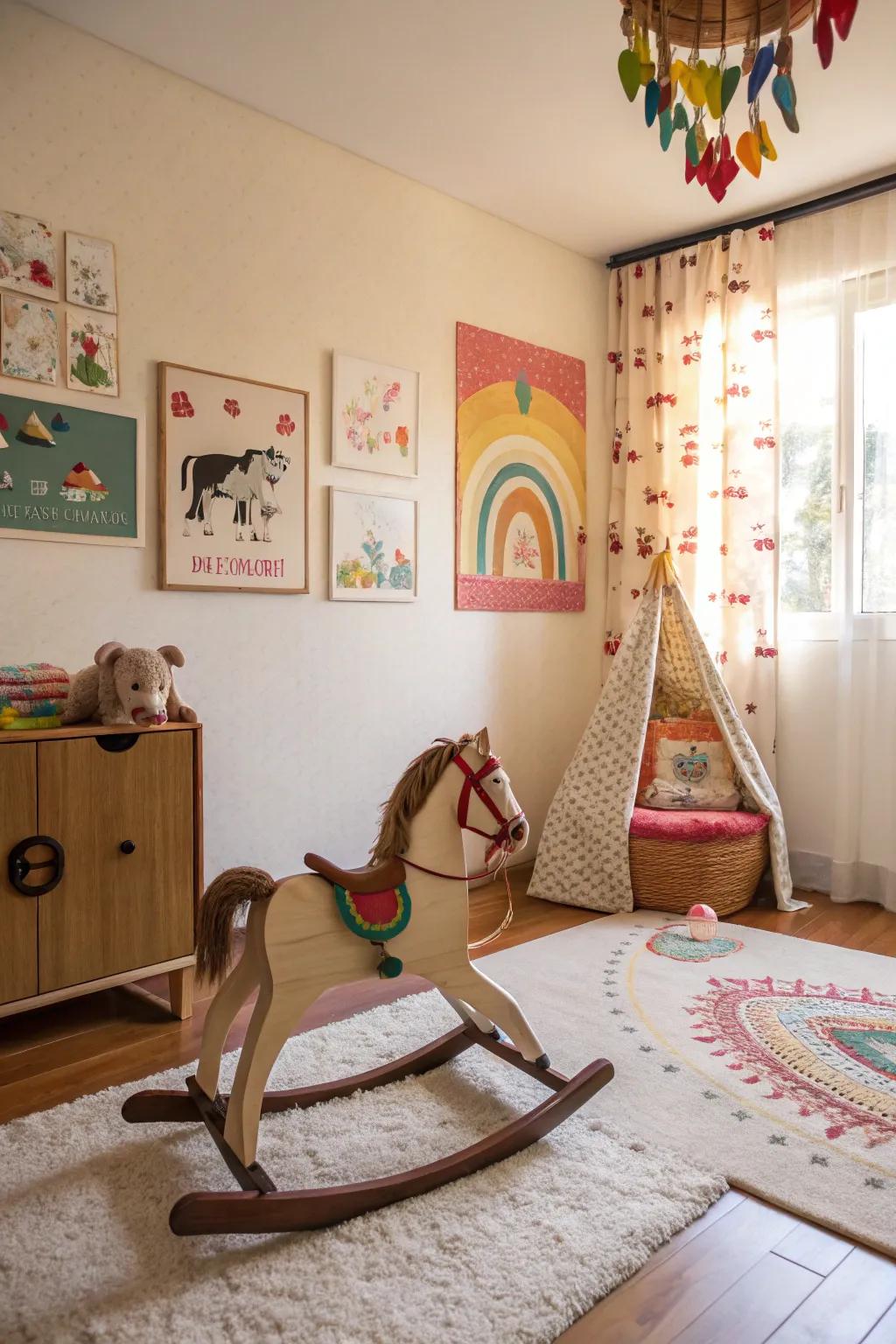 A rocking riding seat incorporates a whimsical element to this cheerful children’s area.