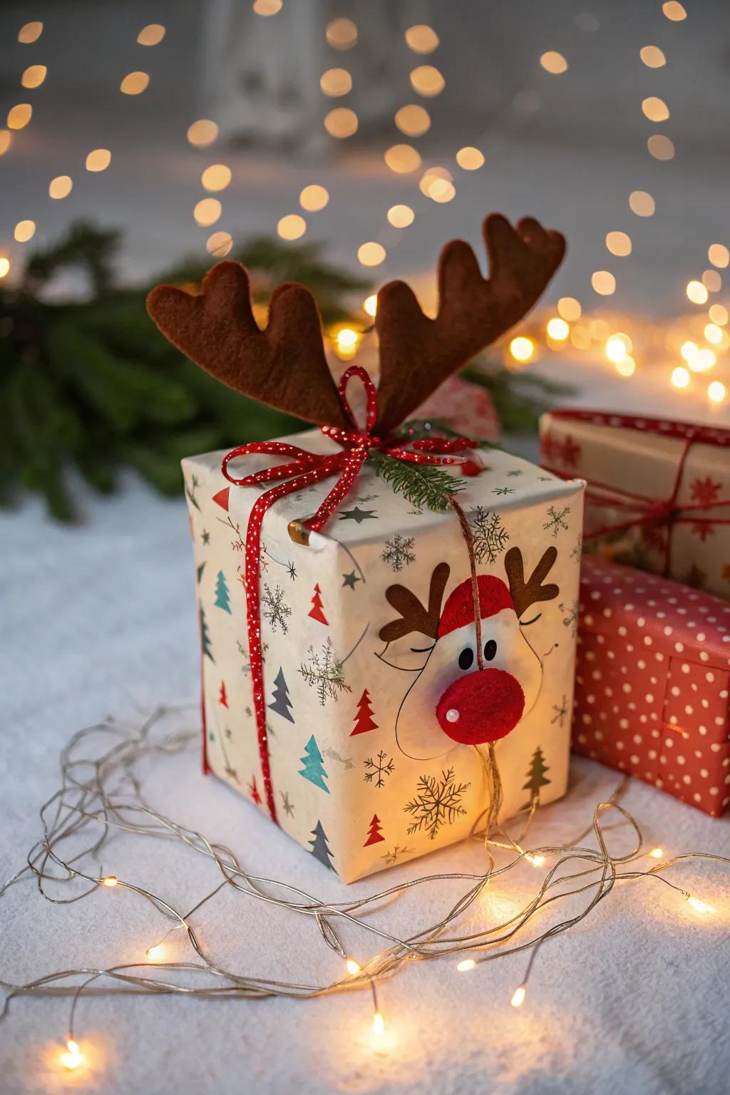 A Rudolph touch adds extra charm to a Santa box.