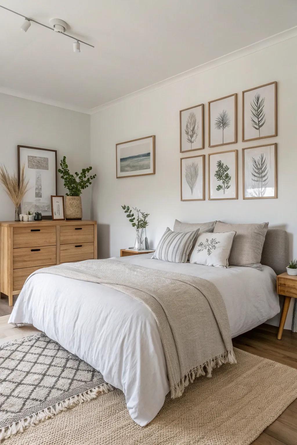 A bedroom with muted shade canvases and Scandinavian decor