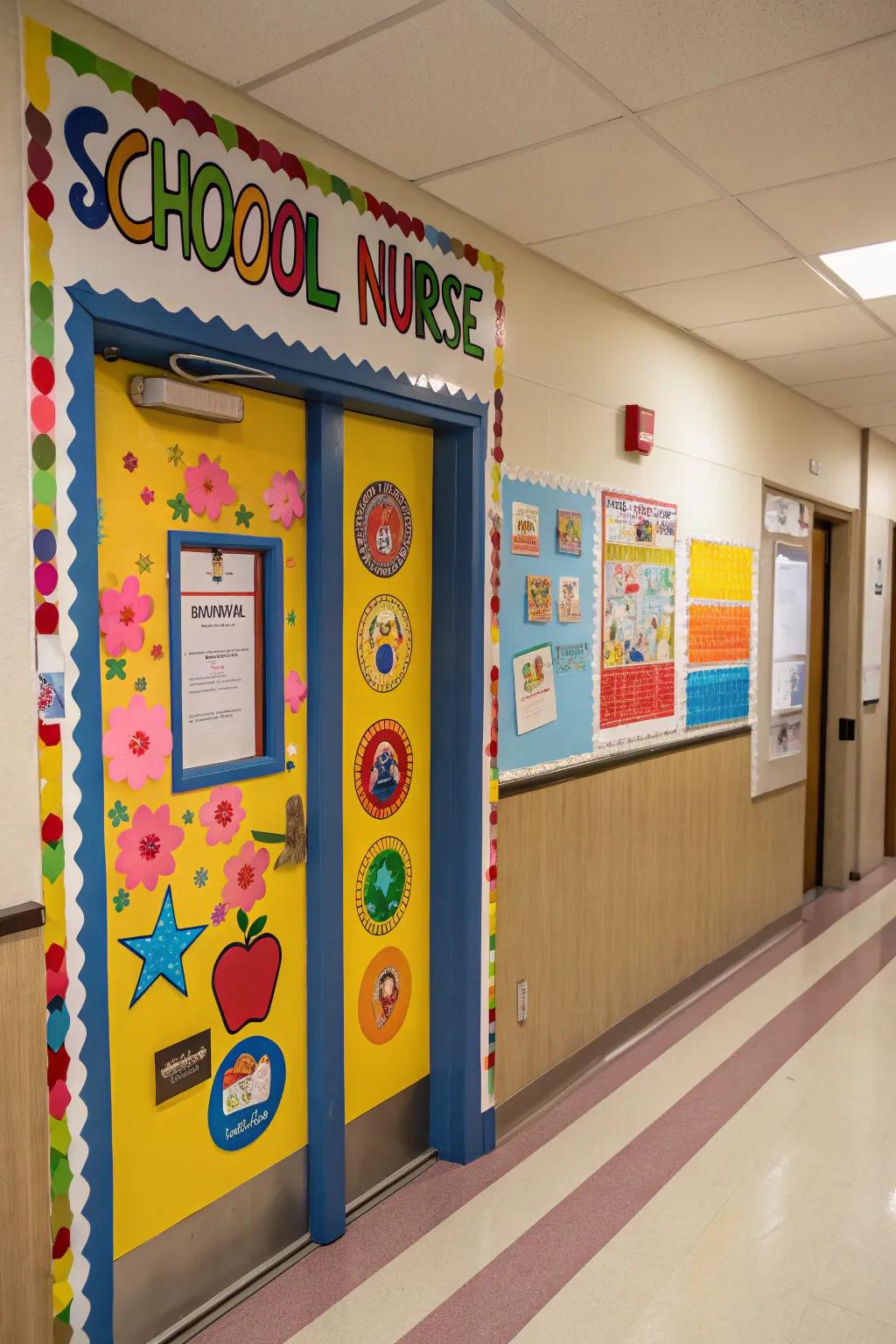 A colorful and engaging school nurse door that welcomes all.