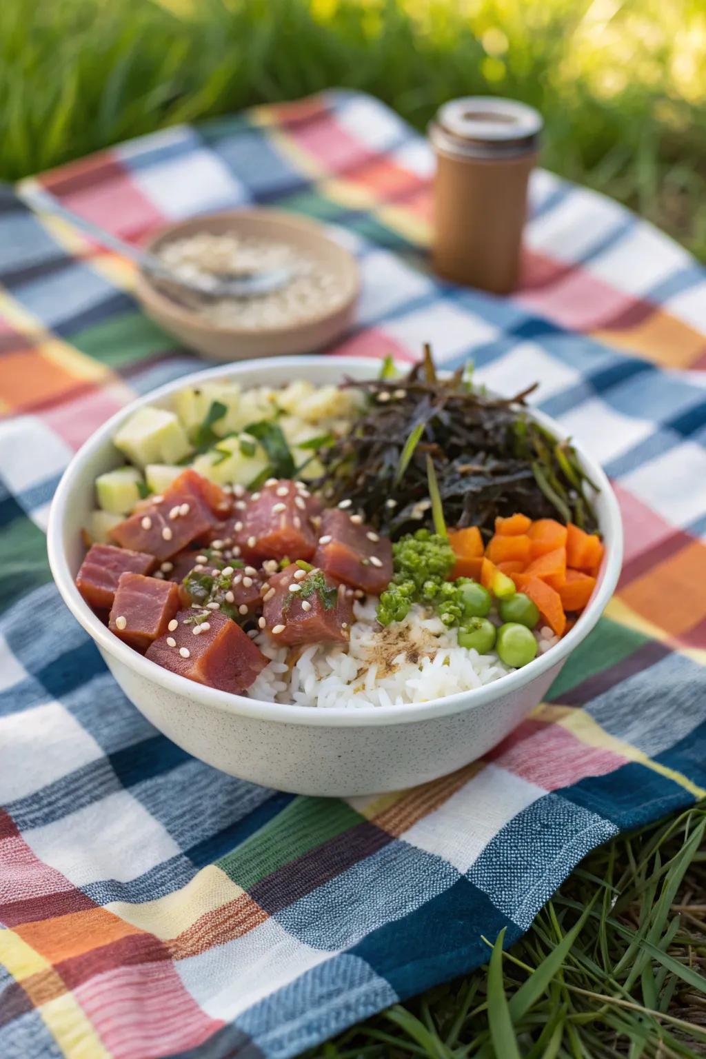 Tuna poke bowls, a trendy and delicious addition to any picnic.