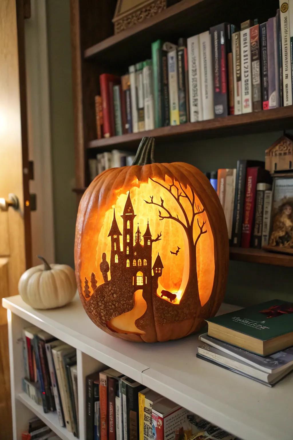 A fairy tale castle carved into a pumpkin, casting a magical glow.