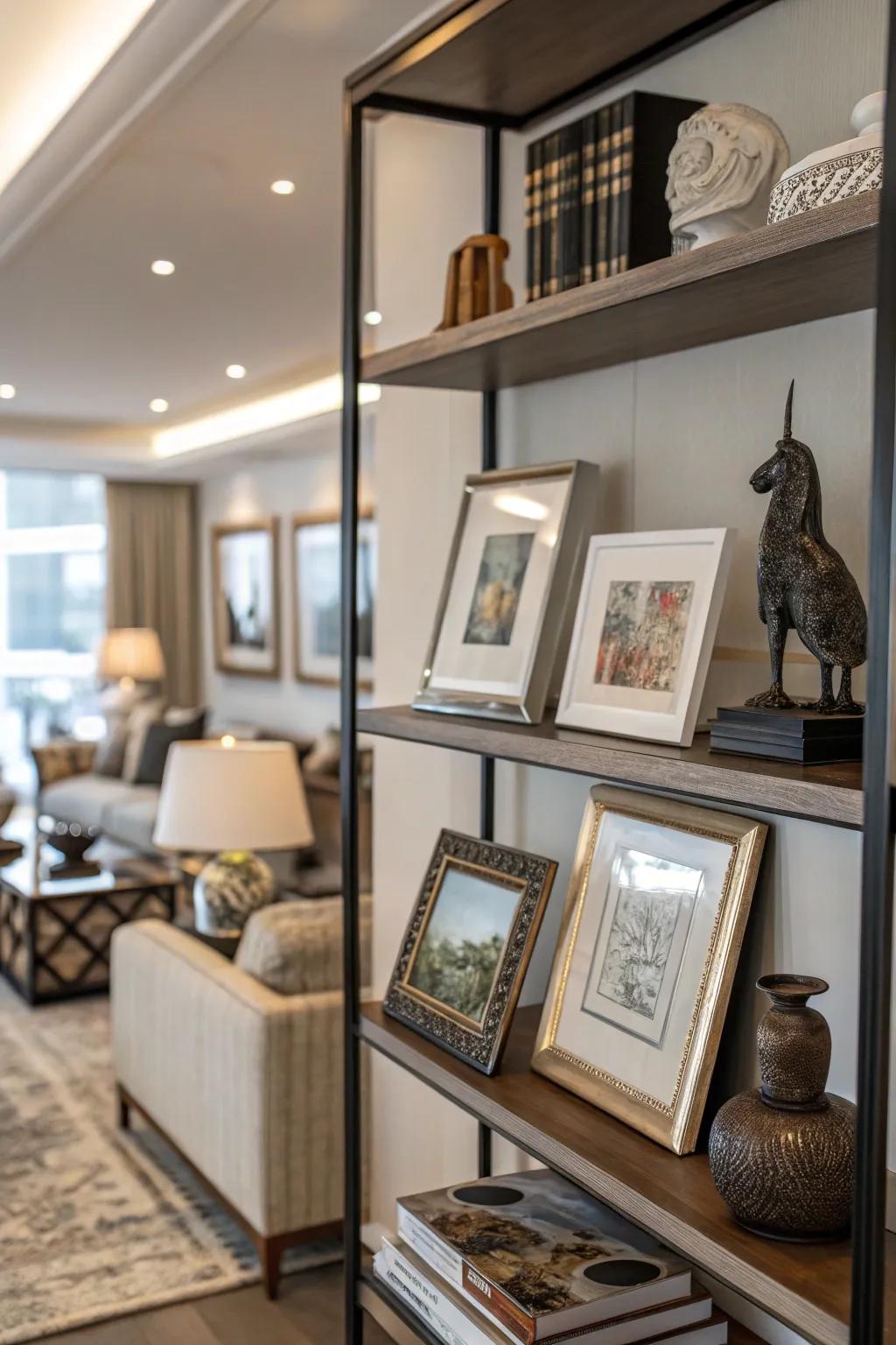 Art pieces transform a shelf into a personal gallery space.