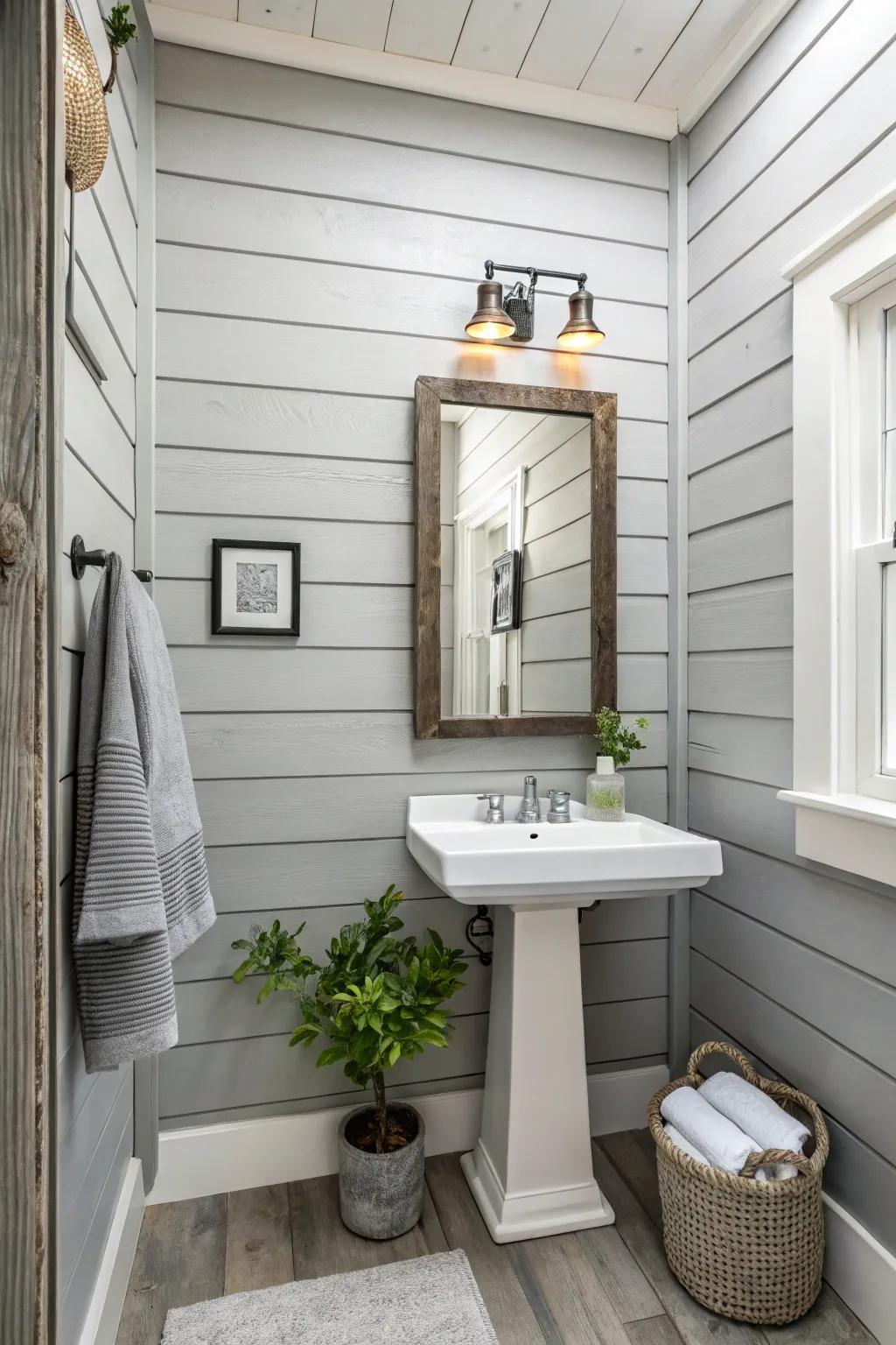 A bathroom featuring gray board and batten walls for a neutral design.