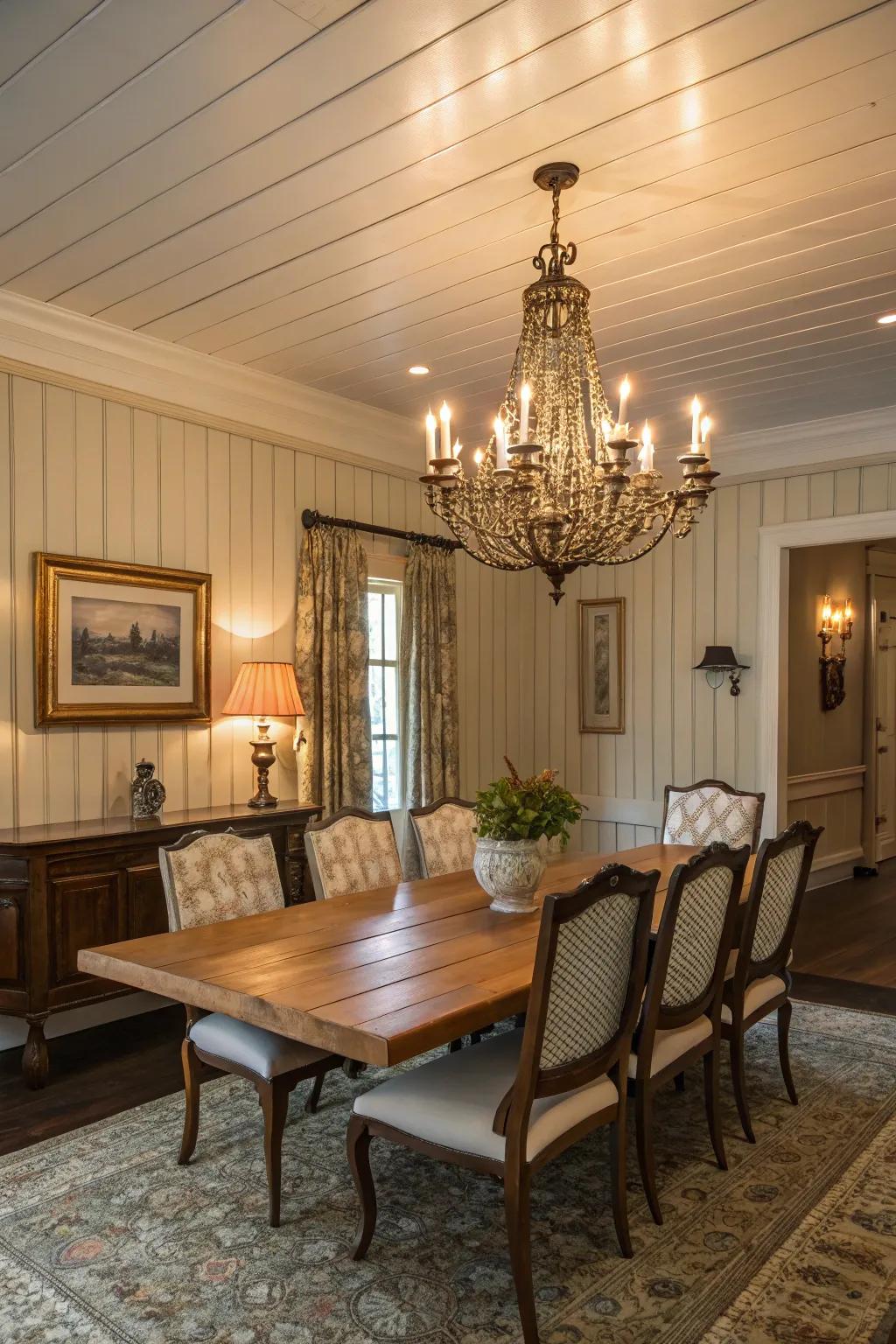 A dining room with vintage elements and shiplap walls.