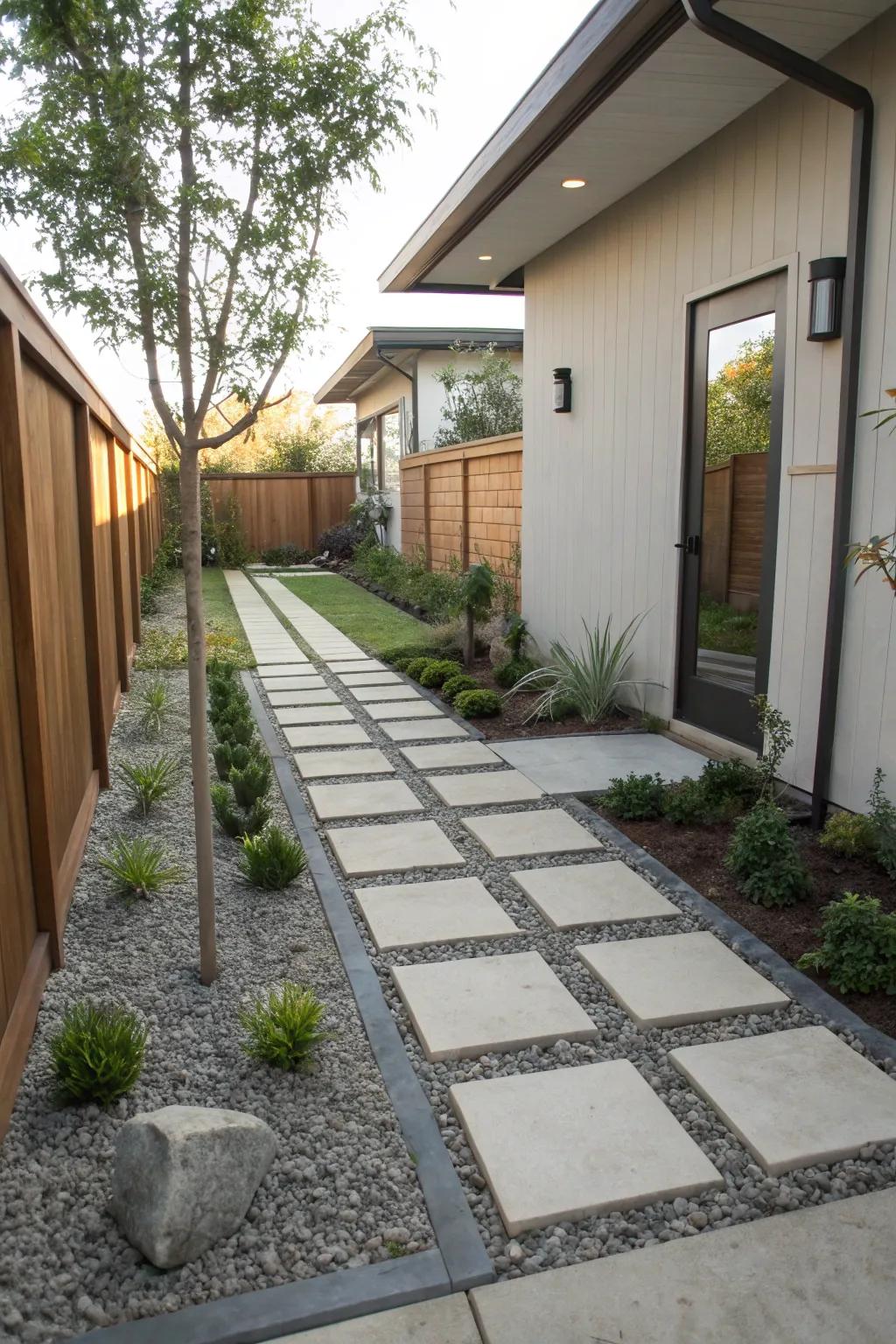 Gravel and pavers create a stylish and low-maintenance path.