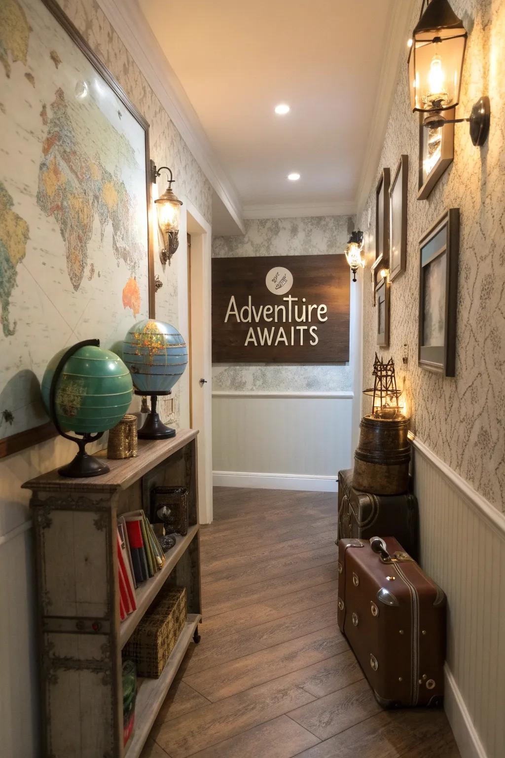 A hallway featuring an 'Adventure Awaits' sign and travel-themed decor.