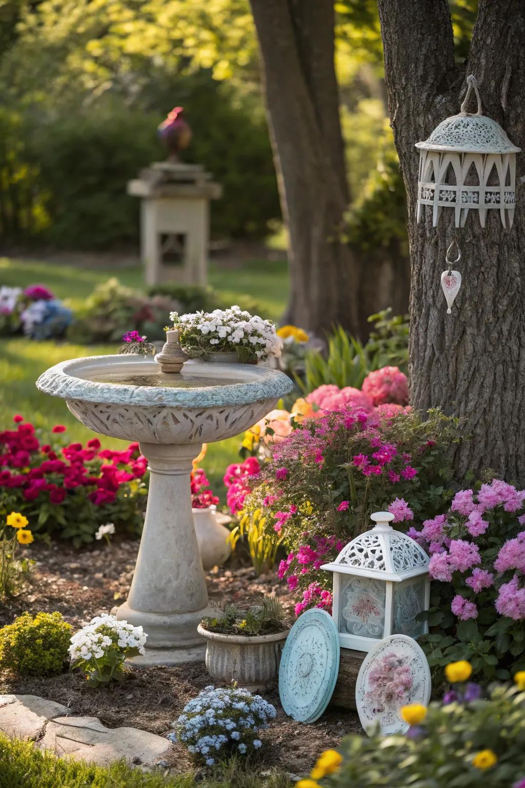 Garden accessories adding charm to a vibrant flower garden.