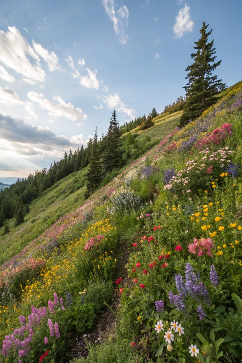 A vibrant mix of wildflowers and perennials adorns this hillside.