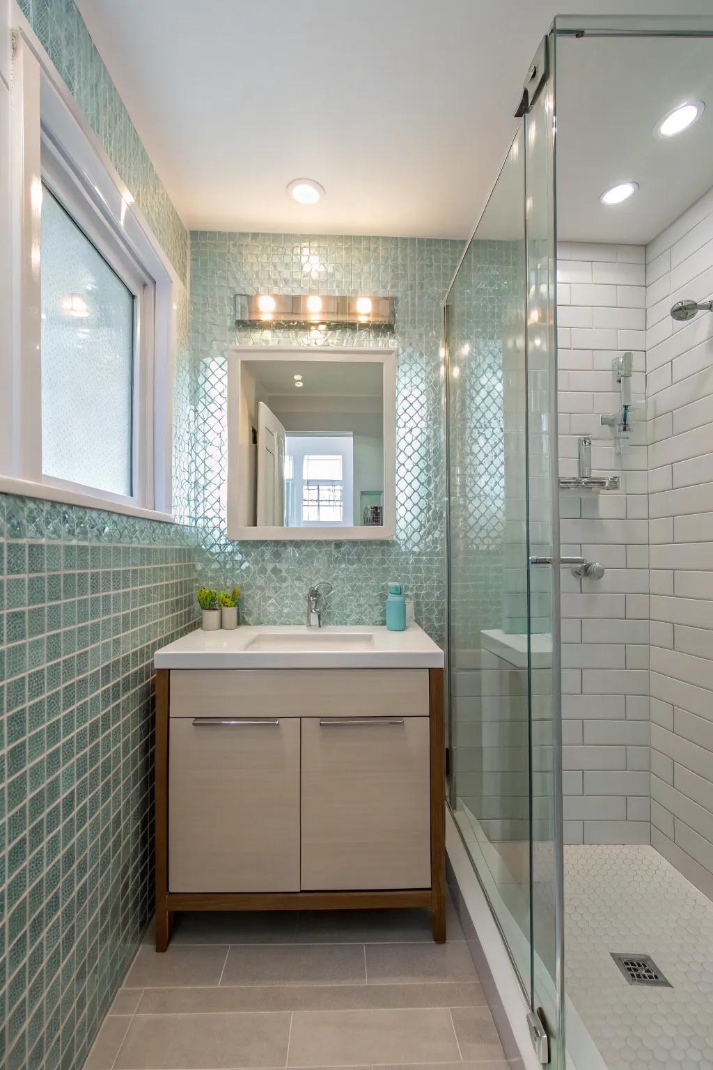 Glass tiles add shine and light to small bathrooms.