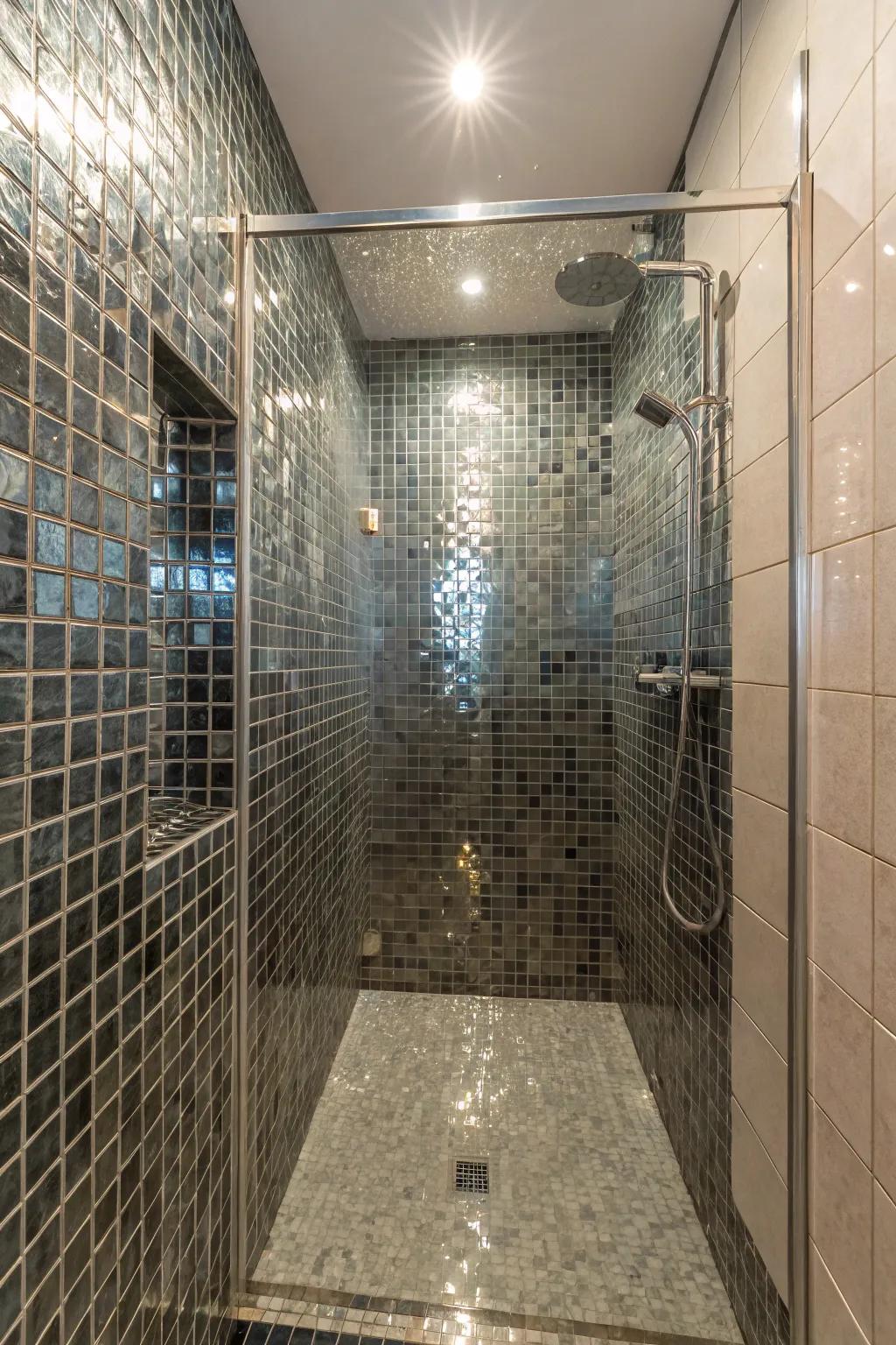 Glass tiles amplify both light and space within diminutive showers.