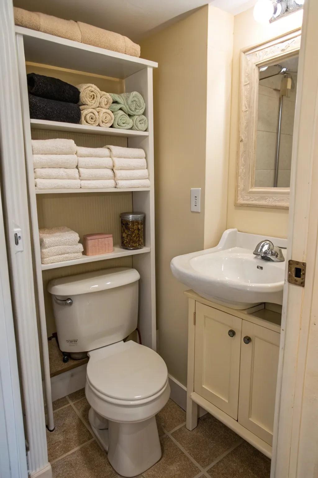 Over-the-toilet storage optimizes unused space effectively.