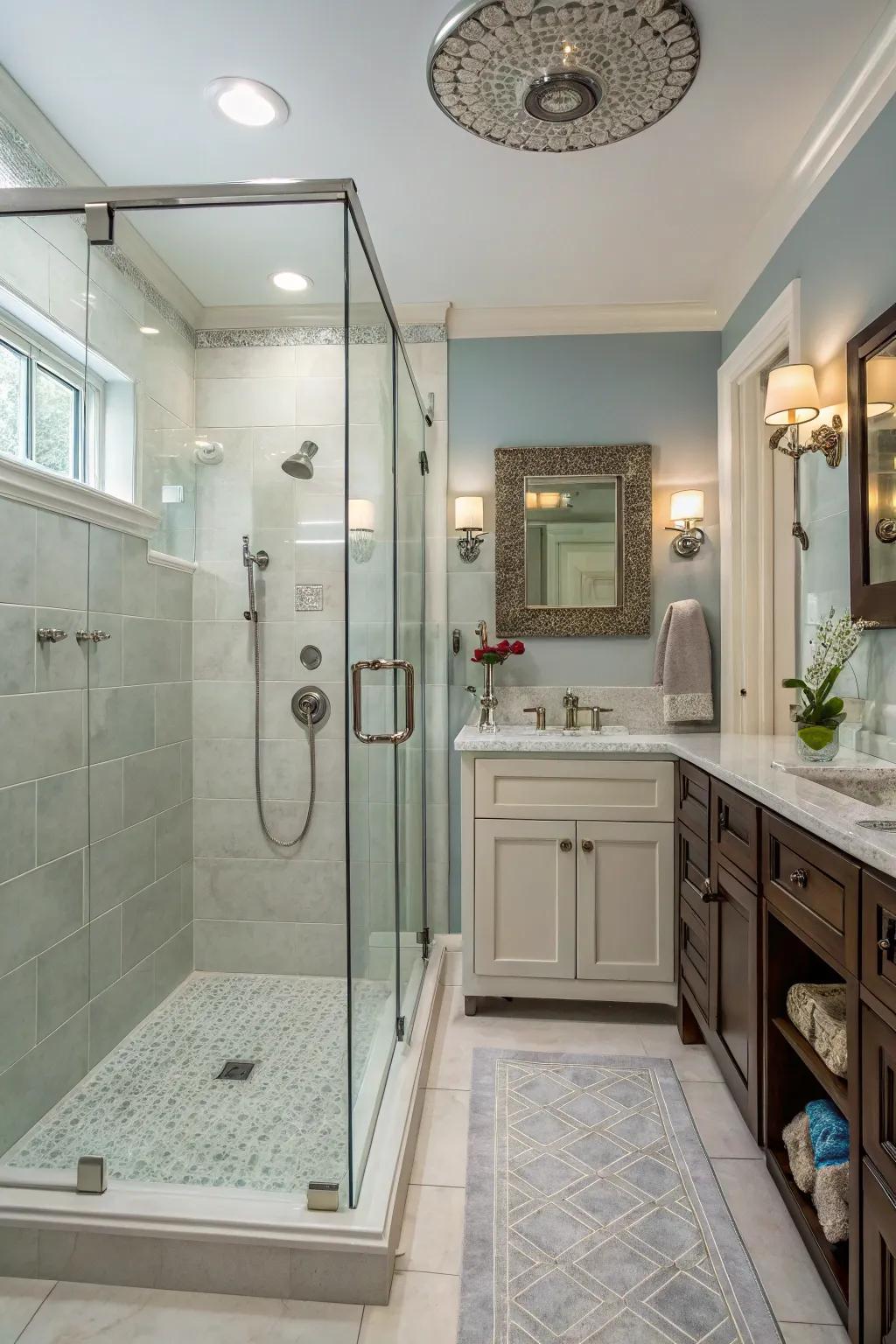 Rainfall showerheads bring luxury to compact shower spaces.