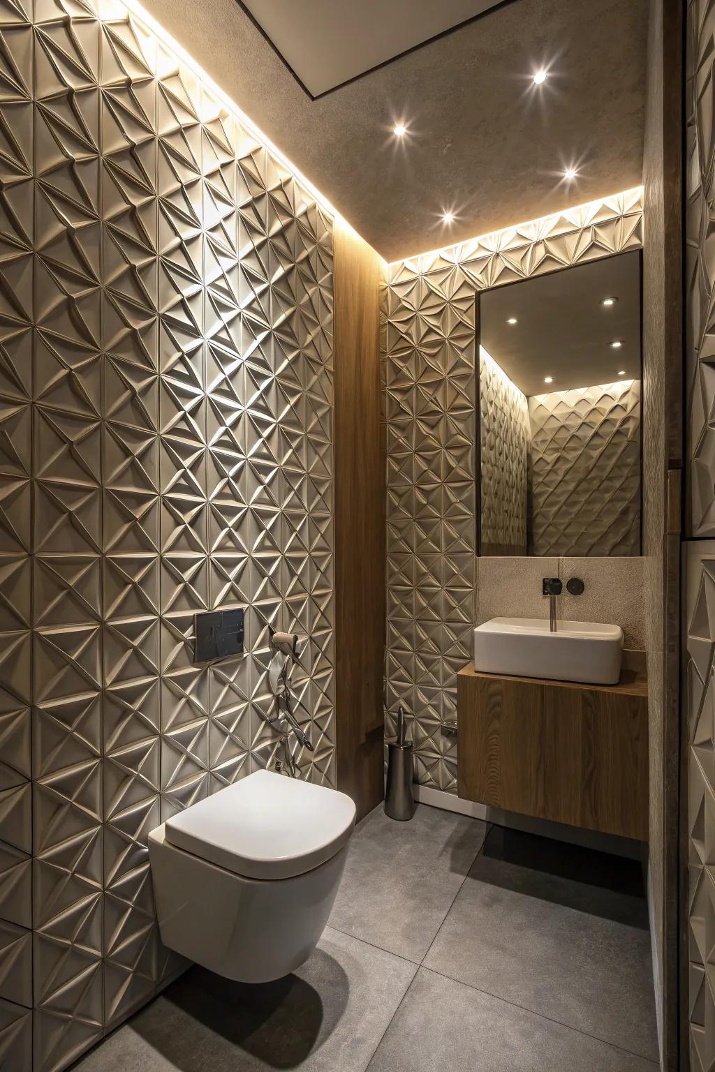 3D geometric segments in a diminutive bathroom, appending a contemporary and artistic impression.